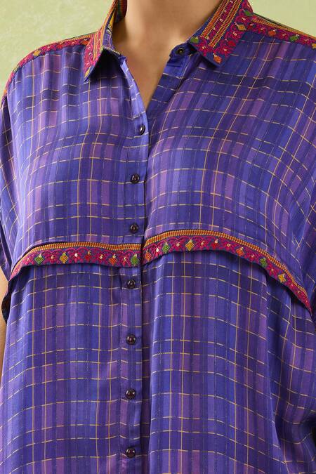 Shraddha Rambhia_Purple Modal Sequins Collared Checkered Shirt Tunic_Online_at_Aza_Fashions