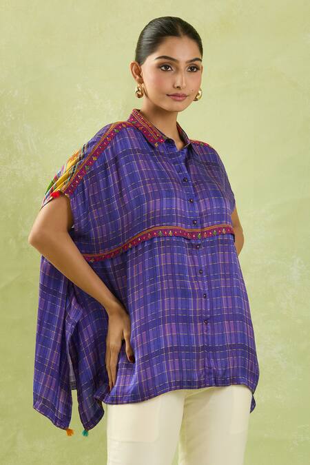 Buy_Shraddha Rambhia_Purple Modal Sequins Collared Checkered Shirt Tunic_Online_at_Aza_Fashions