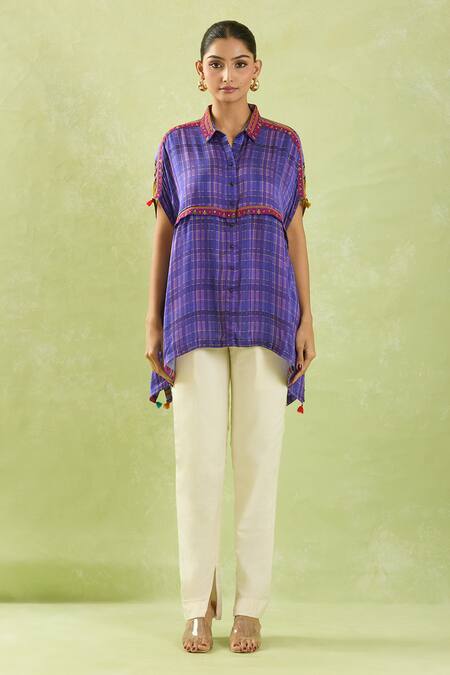 Shop_Shraddha Rambhia_Purple Modal Sequins Collared Checkered Shirt Tunic_Online_at_Aza_Fashions