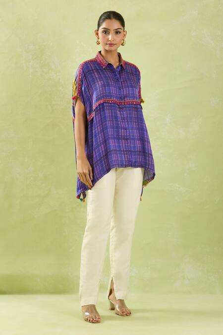 Shraddha Rambhia_Purple Modal Sequins Collared Checkered Shirt Tunic_at_Aza_Fashions
