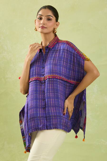 Buy_Shraddha Rambhia_Purple Modal Sequins Collared Checkered Shirt Tunic