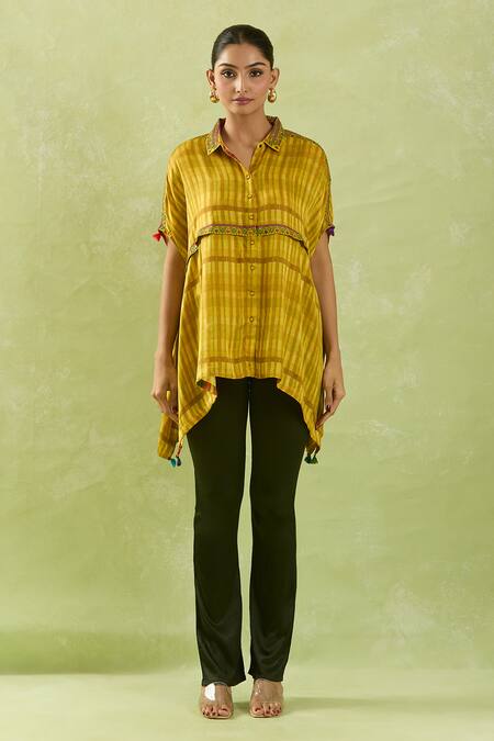 Shraddha Rambhia Yellow Modal, Silk Sequins Collared Checkered Embroidered Asymmetric Shirt Online at Aza Fashions Shraddha Rambhia_Yellow Modal, Silk Sequins Collared Checkered Embroidered Asymmetric Shirt_Online_at_Aza_Fashions