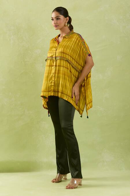Buy Shraddha Rambhia Yellow Modal, Silk Sequins Collared Checkered Embroidered Asymmetric Shirt Online at Aza Fashions Buy_Shraddha Rambhia_Yellow Modal, Silk Sequins Collared Checkered Embroidered Asymmetric Shirt_Online_at_Aza_Fashions