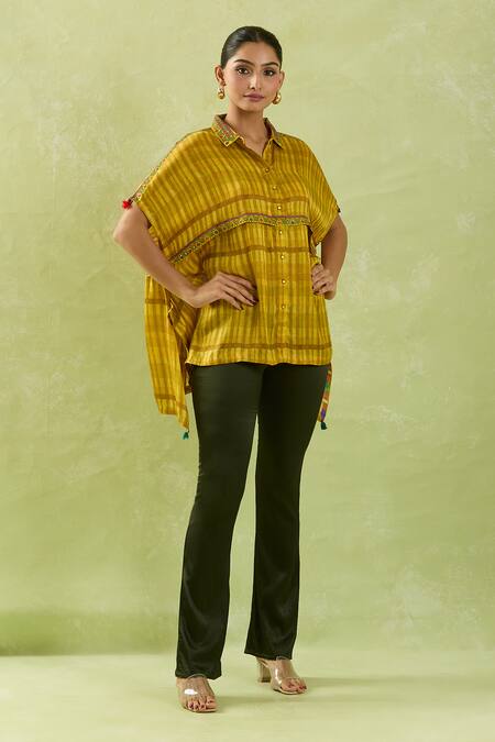 Shop Shraddha Rambhia Yellow Modal, Silk Sequins Collared Checkered Embroidered Asymmetric Shirt Online at Aza Fashions Shop_Shraddha Rambhia_Yellow Modal, Silk Sequins Collared Checkered Embroidered Asymmetric Shirt_Online_at_Aza_Fashions