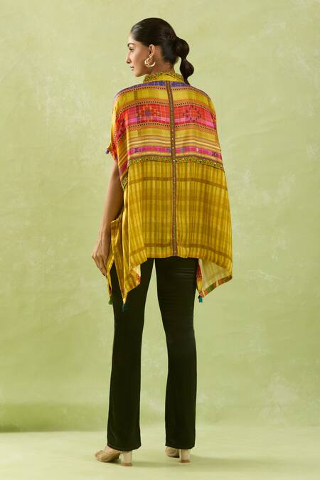 Shop Shraddha Rambhia Yellow Modal, Silk Sequins Collared Checkered Embroidered Asymmetric Shirt at Aza Fashions Shop_Shraddha Rambhia_Yellow Modal, Silk Sequins Collared Checkered Embroidered Asymmetric Shirt_at_Aza_Fashions