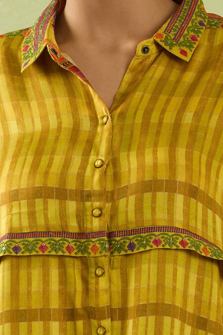 Shraddha Rambhia Yellow Modal, Silk Sequins Collared Checkered Embroidered Asymmetric Shirt at Aza Fashions Shraddha Rambhia_Yellow Modal, Silk Sequins Collared Checkered Embroidered Asymmetric Shirt_at_Aza_Fashions