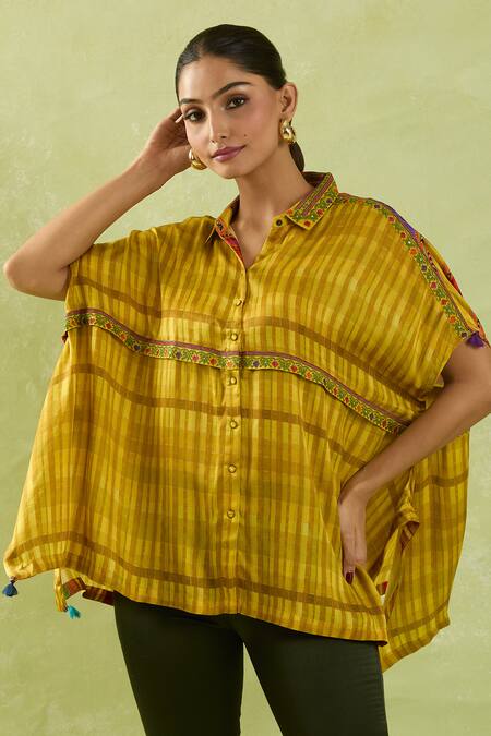 Buy Shraddha Rambhia Yellow Modal, Silk Sequins Collared Checkered Embroidered Asymmetric Shirt Buy_Shraddha Rambhia_Yellow Modal, Silk Sequins Collared Checkered Embroidered Asymmetric Shirt