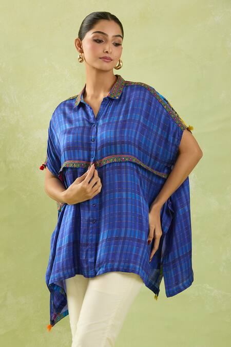 Shraddha Rambhia Blue Modal Silk Printed Checkered Collar Embroidered Asymmetric Shirt Online at Aza Fashions Shraddha Rambhia_Blue Modal Silk Printed Checkered Collar Embroidered Asymmetric Shirt_Online_at_Aza_Fashions