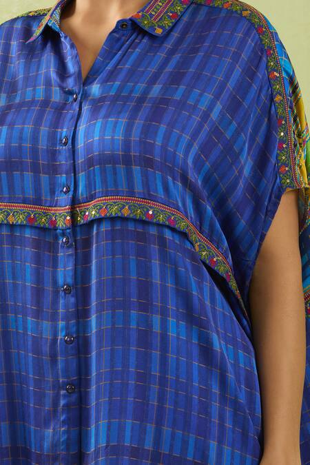 Buy Shraddha Rambhia Blue Modal Silk Printed Checkered Collar Embroidered Asymmetric Shirt Online at Aza Fashions Buy_Shraddha Rambhia_Blue Modal Silk Printed Checkered Collar Embroidered Asymmetric Shirt_Online_at_Aza_Fashions