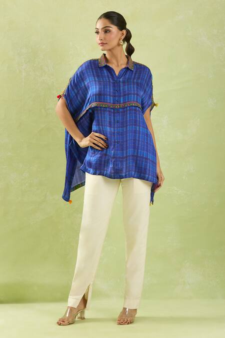Shop Shraddha Rambhia Blue Modal Silk Printed Checkered Collar Embroidered Asymmetric Shirt Online at Aza Fashions Shop_Shraddha Rambhia_Blue Modal Silk Printed Checkered Collar Embroidered Asymmetric Shirt_Online_at_Aza_Fashions