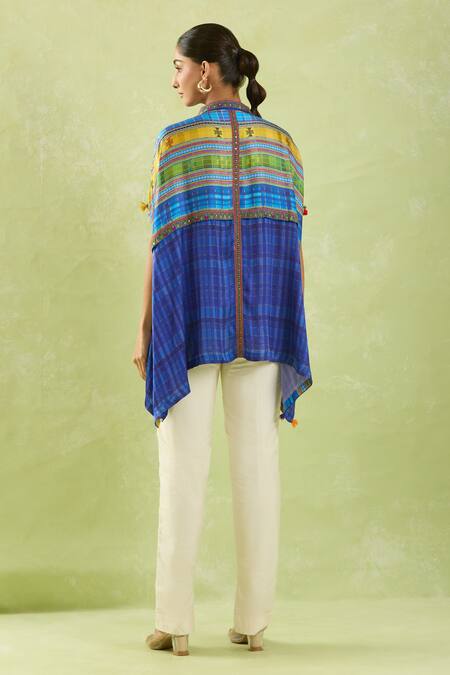 Shop Shraddha Rambhia Blue Modal Silk Printed Checkered Collar Embroidered Asymmetric Shirt at Aza Fashions Shop_Shraddha Rambhia_Blue Modal Silk Printed Checkered Collar Embroidered Asymmetric Shirt_at_Aza_Fashions