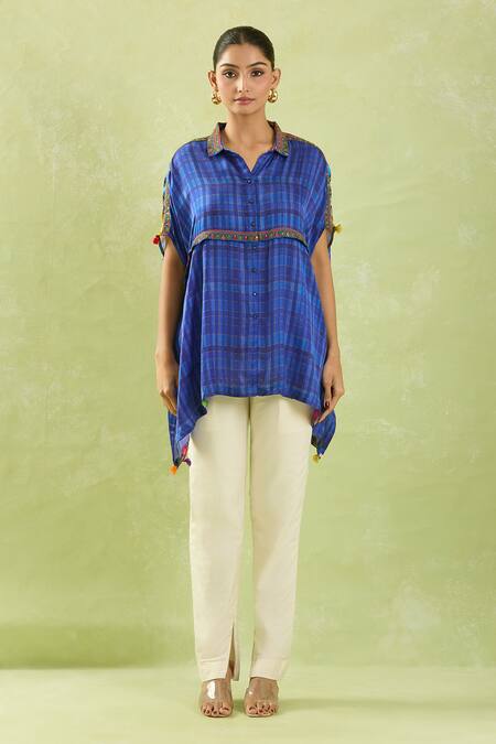 Shraddha Rambhia Blue Modal Silk Printed Checkered Collar Embroidered Asymmetric Shirt at Aza Fashions Shraddha Rambhia_Blue Modal Silk Printed Checkered Collar Embroidered Asymmetric Shirt_at_Aza_Fashions