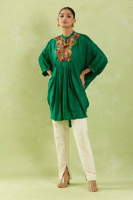 Shraddha Rambhia_Green Silk Cut Work, Embroidery Mandarin Collar Multicolor Tunic_Online_at_Aza_Fashions