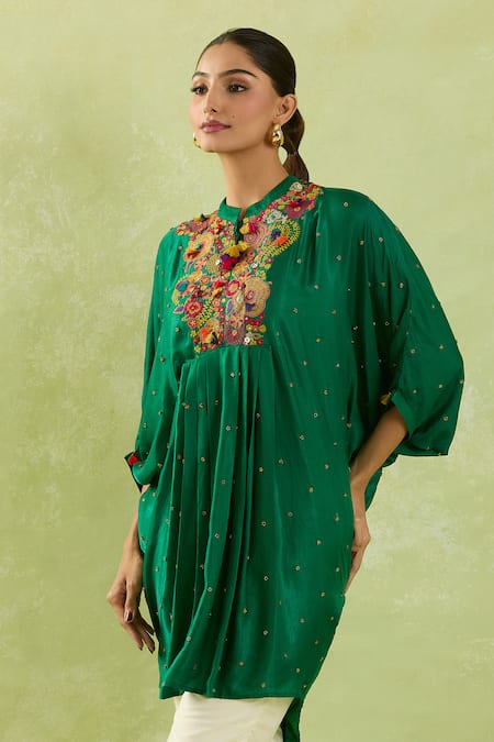 Shop_Shraddha Rambhia_Green Silk Cut Work, Embroidery Mandarin Collar Multicolor Tunic_Online_at_Aza_Fashions