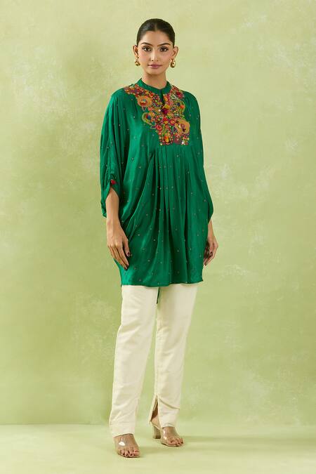Shraddha Rambhia_Green Silk Cut Work, Embroidery Mandarin Collar Multicolor Tunic_at_Aza_Fashions