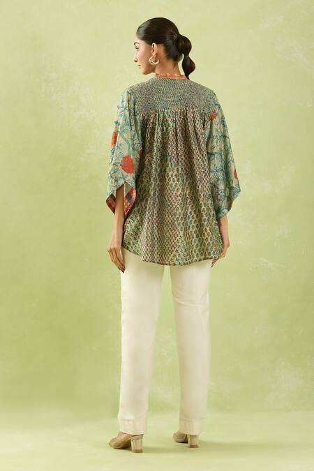 Shop Shraddha Rambhia Green Silk Embroidery Mandarin Collar Floral Print Slub Top at Aza Fashions Shop_Shraddha Rambhia_Green Silk Embroidery Mandarin Collar Floral Print Slub Top_at_Aza_Fashions