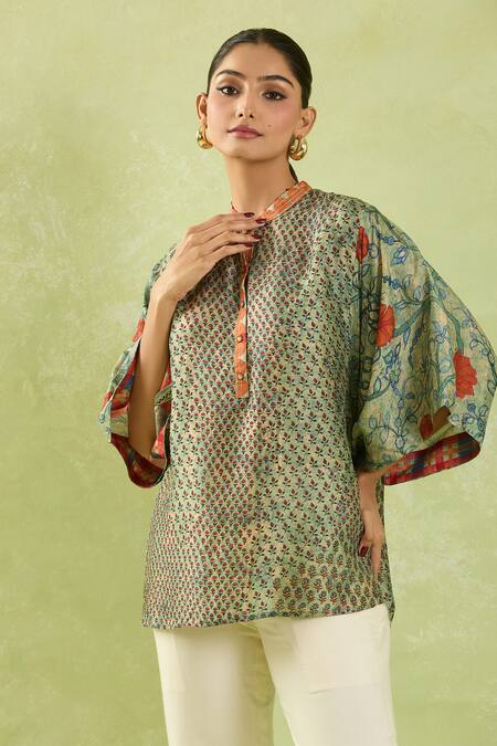 Shraddha Rambhia Green Silk Embroidery Mandarin Collar Floral Print Slub Top Online at Aza Fashions Shraddha Rambhia_Green Silk Embroidery Mandarin Collar Floral Print Slub Top_Online_at_Aza_Fashions