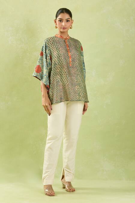Buy Shraddha Rambhia Green Silk Embroidery Mandarin Collar Floral Print Slub Top Online at Aza Fashions Buy_Shraddha Rambhia_Green Silk Embroidery Mandarin Collar Floral Print Slub Top_Online_at_Aza_Fashions