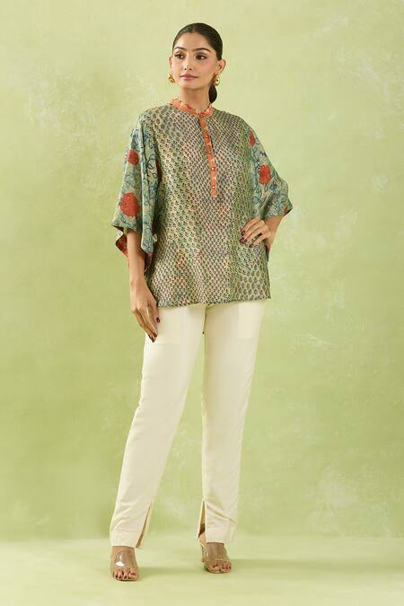 Shop Shraddha Rambhia Green Silk Embroidery Mandarin Collar Floral Print Slub Top Online at Aza Fashions Shop_Shraddha Rambhia_Green Silk Embroidery Mandarin Collar Floral Print Slub Top_Online_at_Aza_Fashions
