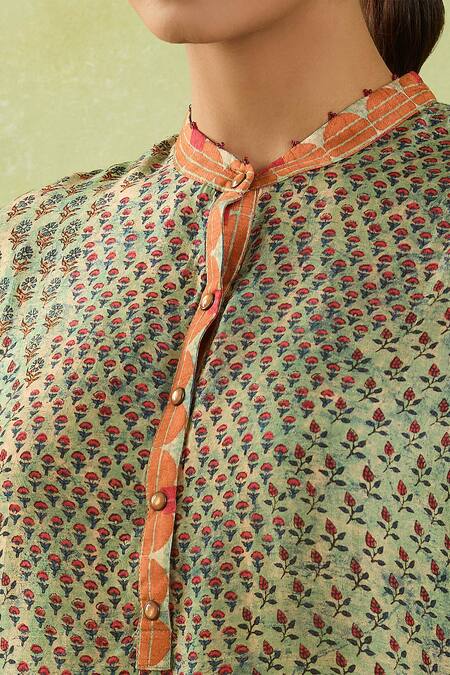 Shraddha Rambhia Green Silk Embroidery Mandarin Collar Floral Print Slub Top at Aza Fashions Shraddha Rambhia_Green Silk Embroidery Mandarin Collar Floral Print Slub Top_at_Aza_Fashions