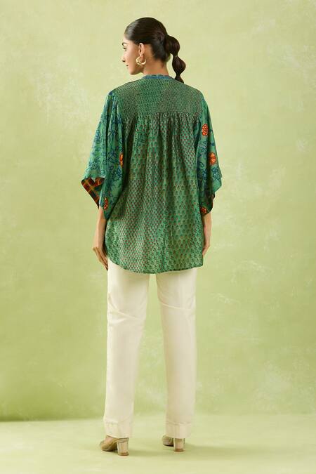 Shop Shraddha Rambhia Green Silk Embroidery Mandarin Collar Floral Butta Print Slub Top at Aza Fashions Shop_Shraddha Rambhia_Green Silk Embroidery Mandarin Collar Floral Butta Print Slub Top_at_Aza_Fashions