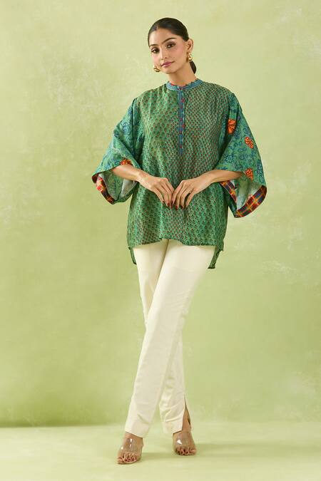 Shraddha Rambhia Green Silk Embroidery Mandarin Collar Floral Butta Print Slub Top Online at Aza Fashions Shraddha Rambhia_Green Silk Embroidery Mandarin Collar Floral Butta Print Slub Top_Online_at_Aza_Fashions