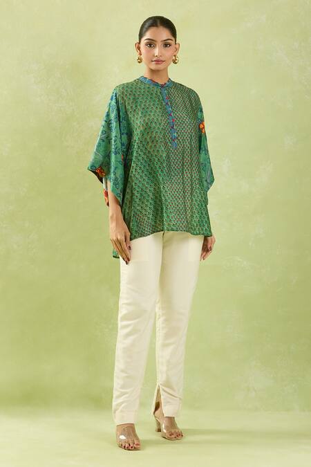 Buy Shraddha Rambhia Green Silk Embroidery Mandarin Collar Floral Butta Print Slub Top Online at Aza Fashions Buy_Shraddha Rambhia_Green Silk Embroidery Mandarin Collar Floral Butta Print Slub Top_Online_at_Aza_Fashions