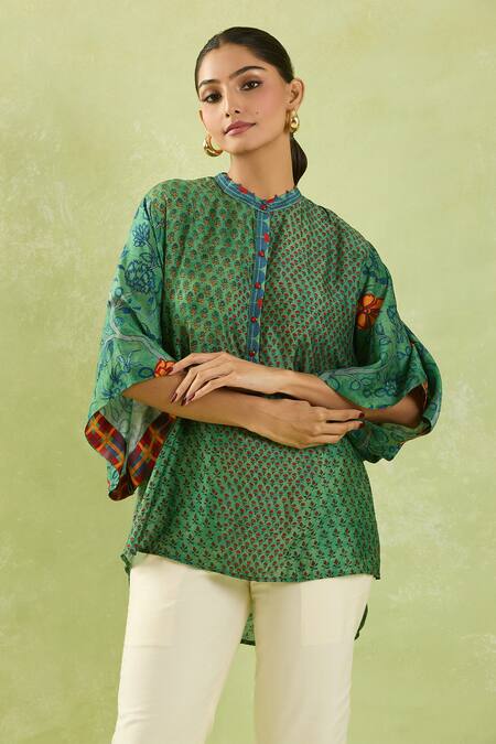 Shop Shraddha Rambhia Green Silk Embroidery Mandarin Collar Floral Butta Print Slub Top Online at Aza Fashions Shop_Shraddha Rambhia_Green Silk Embroidery Mandarin Collar Floral Butta Print Slub Top_Online_at_Aza_Fashions
