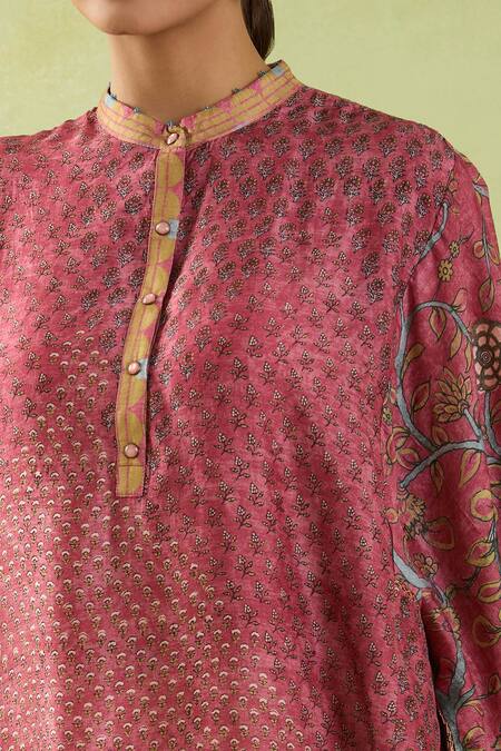 Shraddha Rambhia Pink Silk Embroidery Mandarin Collar Floral Print Slub Top Online at Aza Fashions Shraddha Rambhia_Pink Silk Embroidery Mandarin Collar Floral Print Slub Top_Online_at_Aza_Fashions