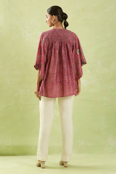 Shop Shraddha Rambhia Pink Silk Embroidery Mandarin Collar Floral Print Slub Top at Aza Fashions Shop_Shraddha Rambhia_Pink Silk Embroidery Mandarin Collar Floral Print Slub Top_at_Aza_Fashions