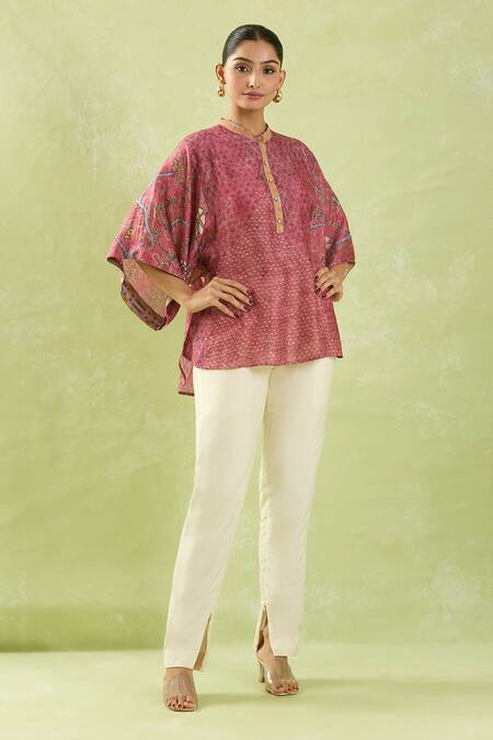 Buy Shraddha Rambhia Pink Silk Embroidery Mandarin Collar Floral Print Slub Top Online at Aza Fashions Buy_Shraddha Rambhia_Pink Silk Embroidery Mandarin Collar Floral Print Slub Top_Online_at_Aza_Fashions