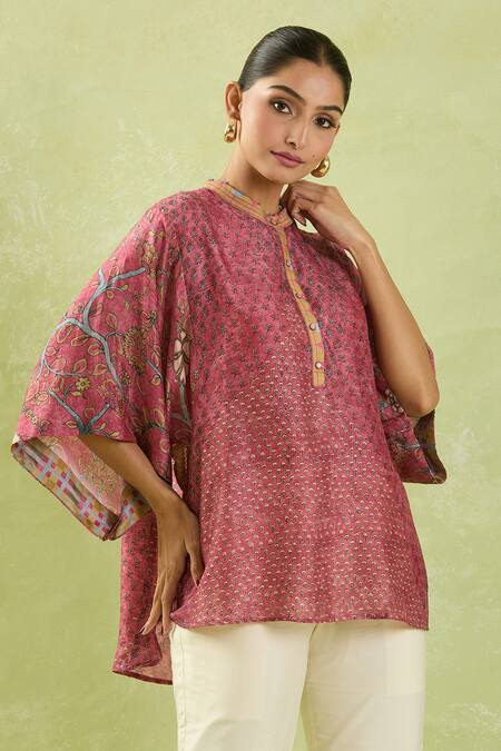 Shop Shraddha Rambhia Pink Silk Embroidery Mandarin Collar Floral Print Slub Top Online at Aza Fashions Shop_Shraddha Rambhia_Pink Silk Embroidery Mandarin Collar Floral Print Slub Top_Online_at_Aza_Fashions