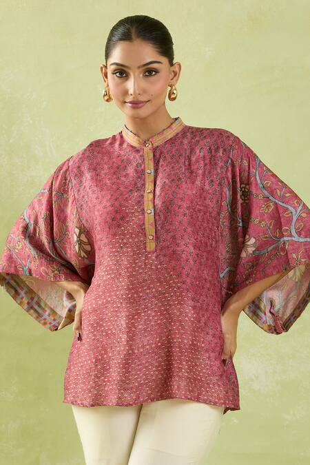 Shraddha Rambhia Pink Silk Embroidery Mandarin Collar Floral Print Slub Top at Aza Fashions Shraddha Rambhia_Pink Silk Embroidery Mandarin Collar Floral Print Slub Top_at_Aza_Fashions