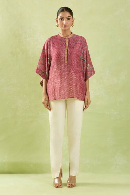 Buy Shraddha Rambhia Pink Silk Embroidery Mandarin Collar Floral Print Slub Top Buy_Shraddha Rambhia_Pink Silk Embroidery Mandarin Collar Floral Print Slub Top