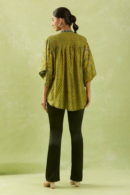 Shop Shraddha Rambhia Yellow Silk Mandarin Collar Garden Print Mustard Top at Aza Fashions Shop_Shraddha Rambhia_Yellow Silk Mandarin Collar Garden Print Mustard Top_at_Aza_Fashions