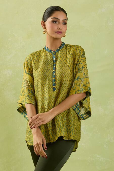 Shraddha Rambhia Yellow Silk Mandarin Collar Garden Print Mustard Top Online at Aza Fashions Shraddha Rambhia_Yellow Silk Mandarin Collar Garden Print Mustard Top_Online_at_Aza_Fashions