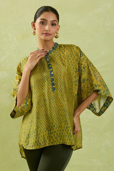 Buy Shraddha Rambhia Yellow Silk Mandarin Collar Garden Print Mustard Top Online at Aza Fashions Buy_Shraddha Rambhia_Yellow Silk Mandarin Collar Garden Print Mustard Top_Online_at_Aza_Fashions