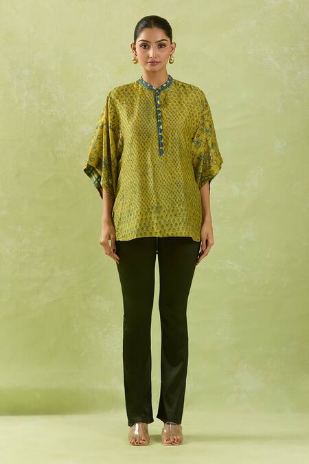 Shop Shraddha Rambhia Yellow Silk Mandarin Collar Garden Print Mustard Top Online at Aza Fashions Shop_Shraddha Rambhia_Yellow Silk Mandarin Collar Garden Print Mustard Top_Online_at_Aza_Fashions