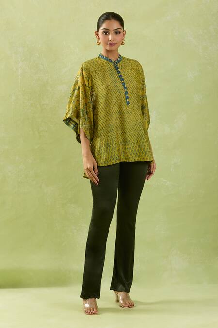 Buy Shraddha Rambhia Yellow Silk Mandarin Collar Garden Print Mustard Top Buy_Shraddha Rambhia_Yellow Silk Mandarin Collar Garden Print Mustard Top