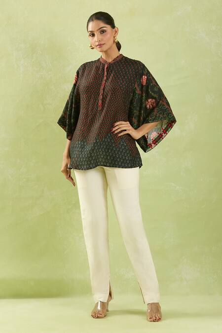 Buy_Shraddha Rambhia_Black Silk Embroidery Mandarin Collar Leaf Print Top_Online_at_Aza_Fashions