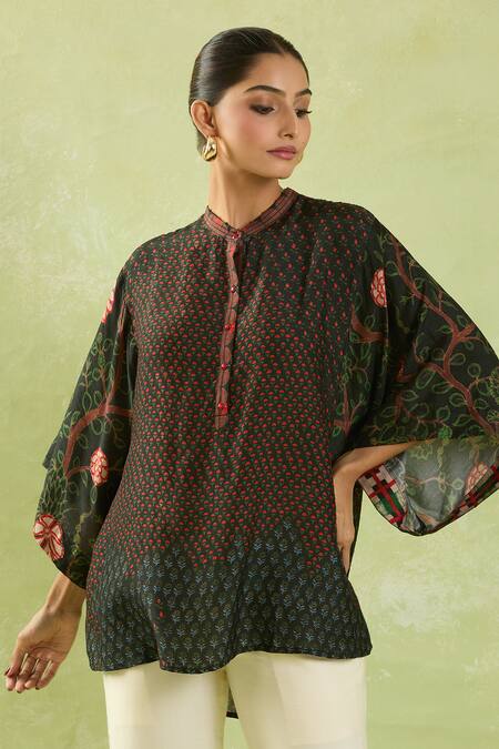 Shop_Shraddha Rambhia_Black Silk Embroidery Mandarin Collar Leaf Print Top_Online_at_Aza_Fashions