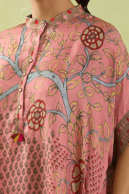 Shraddha Rambhia_Pink Silk Smocking Mandarin Collar Floral Vine Printed Midi Dress_Online_at_Aza_Fashions