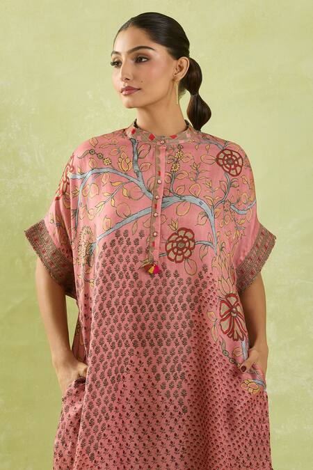 Buy_Shraddha Rambhia_Pink Silk Smocking Mandarin Collar Floral Vine Printed Midi Dress_Online_at_Aza_Fashions