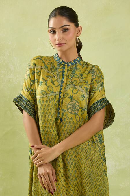 Shraddha Rambhia_Yellow Silk Mandarin Collar Leaf Vine Printed Midi Dress_Online_at_Aza_Fashions