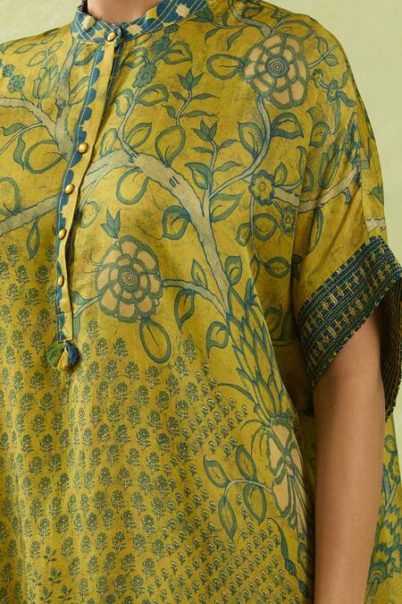 Buy_Shraddha Rambhia_Yellow Silk Mandarin Collar Leaf Vine Printed Midi Dress_Online_at_Aza_Fashions