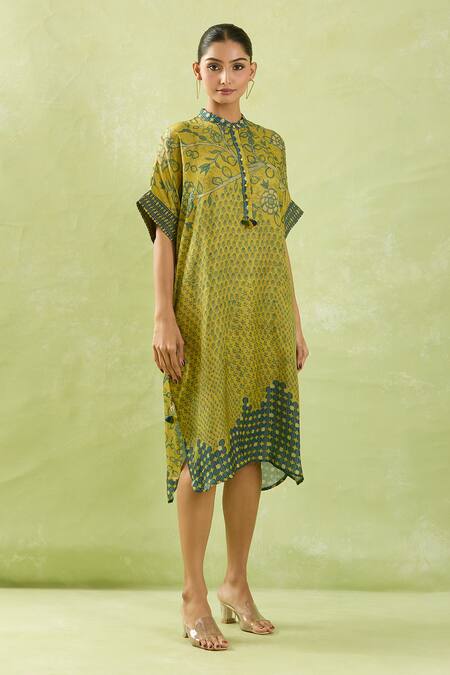 Shop_Shraddha Rambhia_Yellow Silk Mandarin Collar Leaf Vine Printed Midi Dress_Online_at_Aza_Fashions