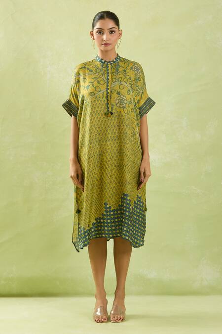 Shraddha Rambhia_Yellow Silk Mandarin Collar Leaf Vine Printed Midi Dress_at_Aza_Fashions