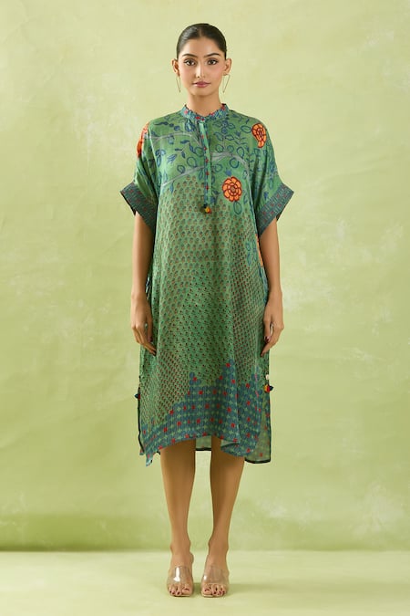 Shraddha Rambhia Green Silk Mandarin Collar Floral Printed Gajji Dress Online at Aza Fashions Shraddha Rambhia_Green Silk Mandarin Collar Floral Printed Gajji Dress_Online_at_Aza_Fashions