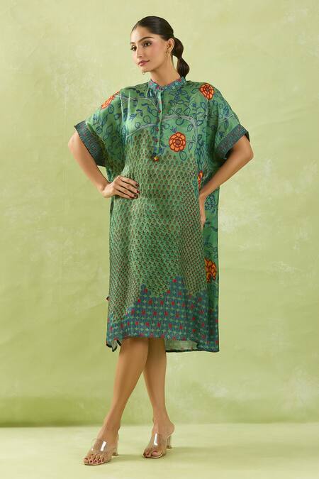Buy Shraddha Rambhia Green Silk Mandarin Collar Floral Printed Gajji Dress Online at Aza Fashions Buy_Shraddha Rambhia_Green Silk Mandarin Collar Floral Printed Gajji Dress_Online_at_Aza_Fashions