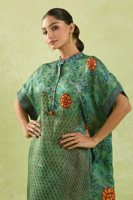 Shop Shraddha Rambhia Green Silk Mandarin Collar Floral Printed Gajji Dress Online at Aza Fashions Shop_Shraddha Rambhia_Green Silk Mandarin Collar Floral Printed Gajji Dress_Online_at_Aza_Fashions